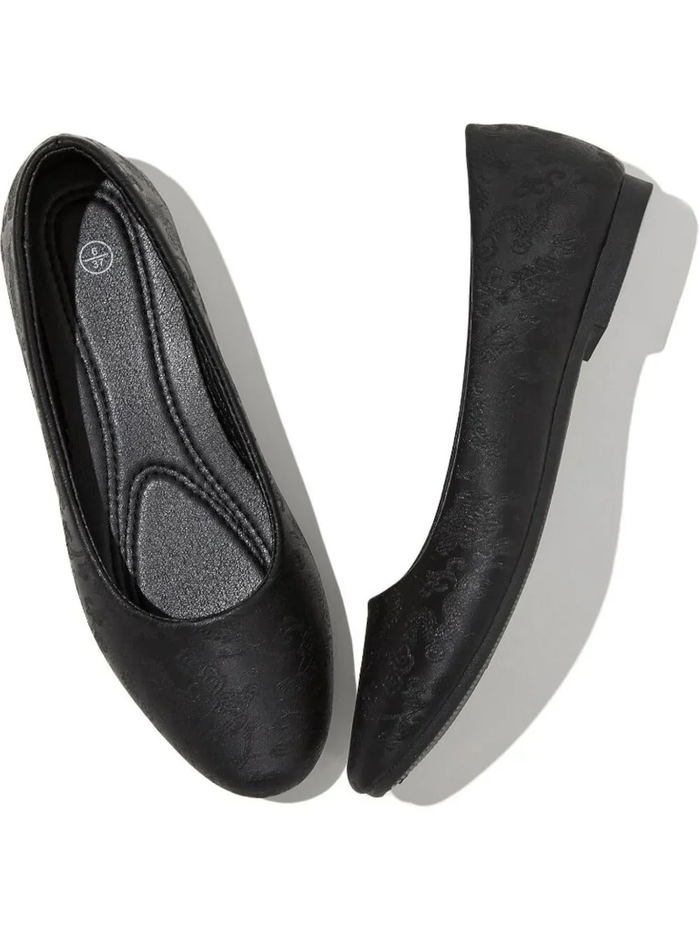 Women's Black Embroidery PU Leather Comfortable Ballet Flat Slip on Casual Shoes